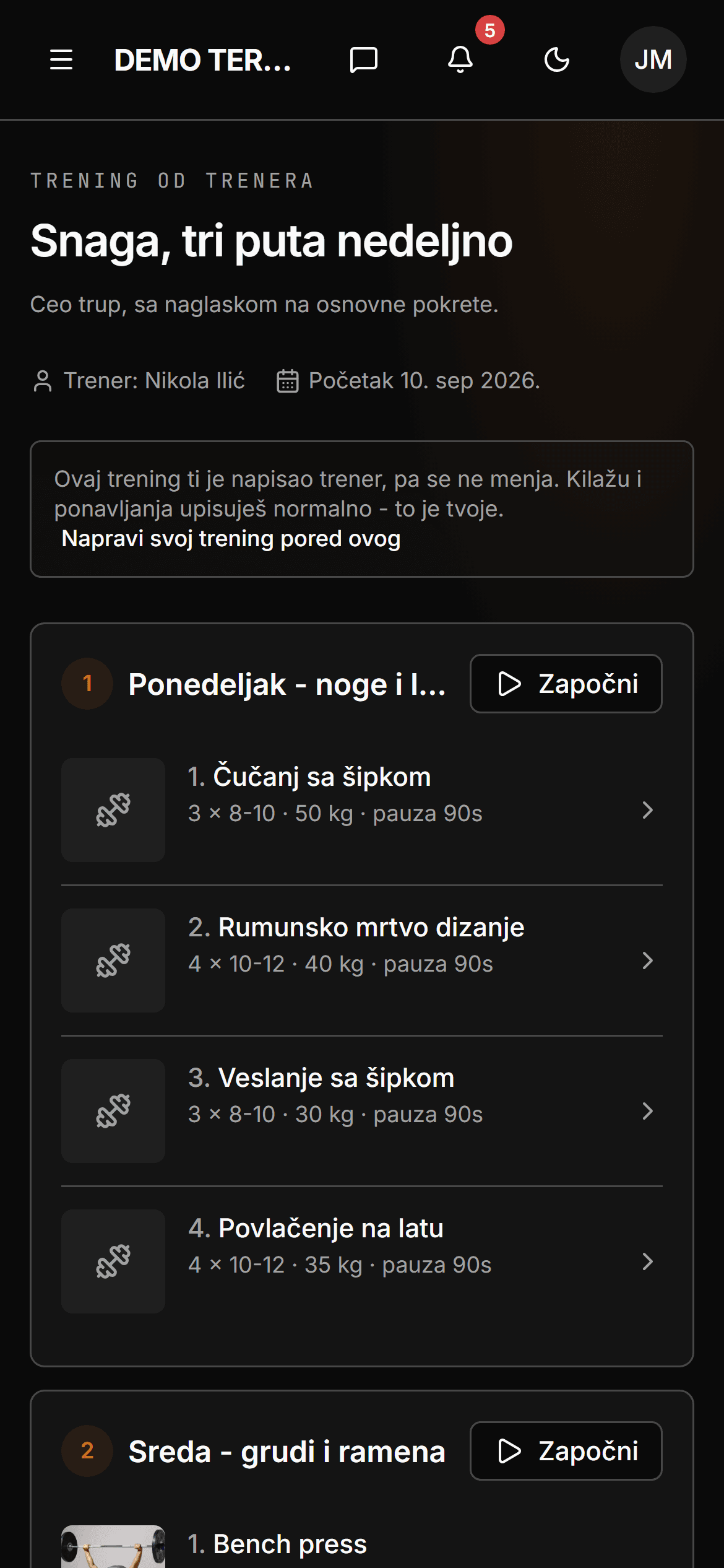 Plan treninga na telefonu člana: vežbe, serije, ponavljanja i kilaža