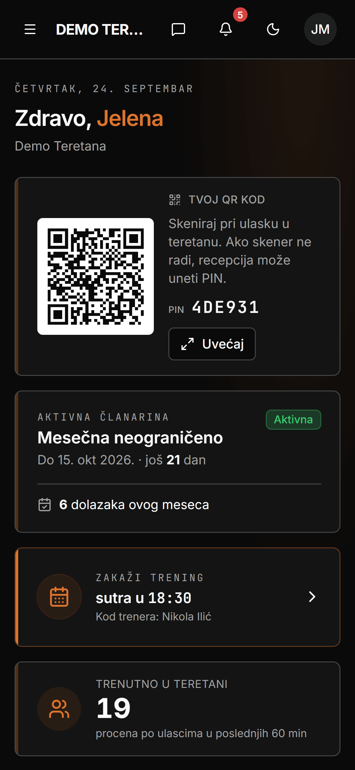Početni ekran člana na telefonu: do kad važi članarina i kad je poslednji put dolazio